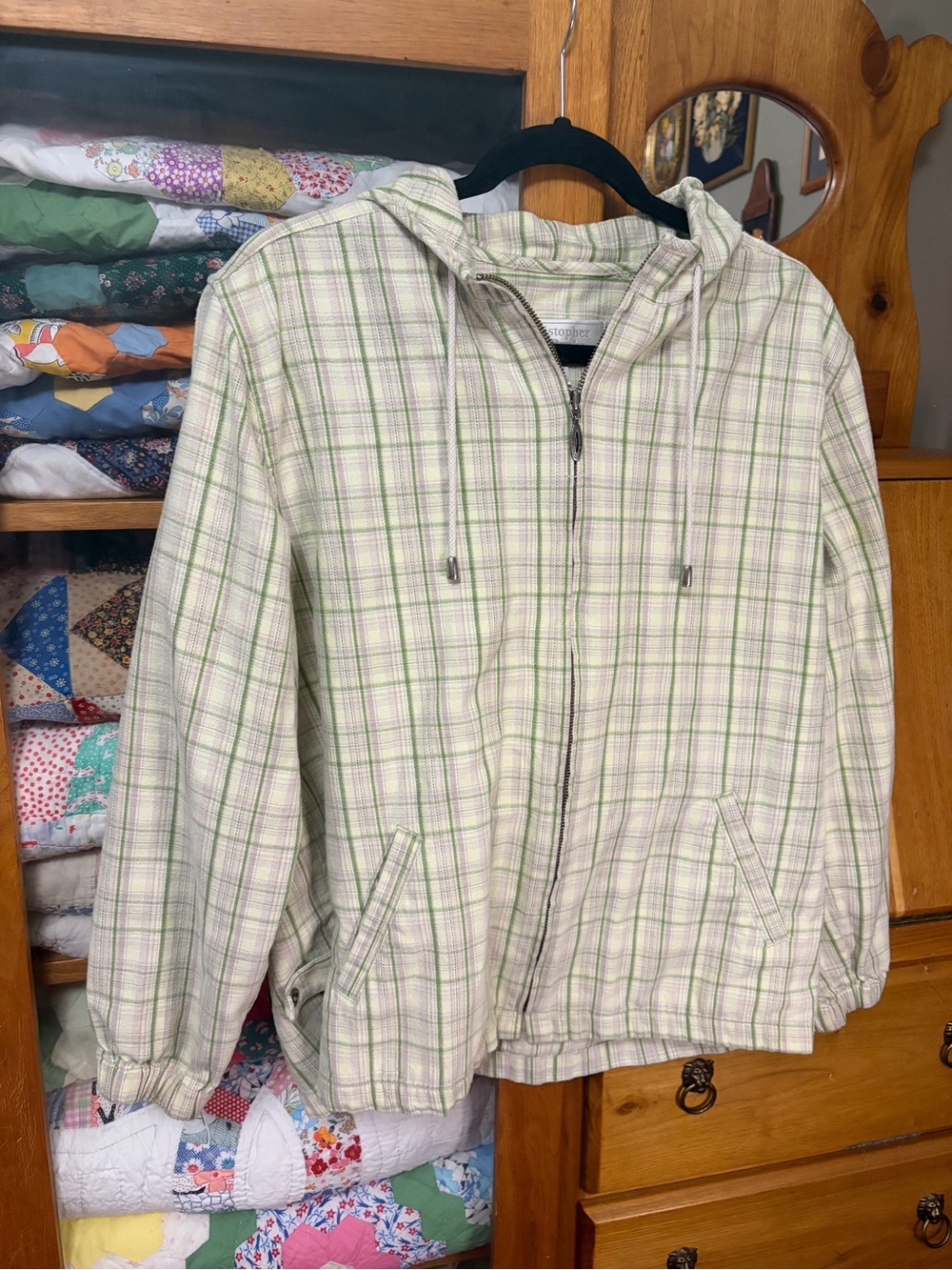 Light Green Plaid Zip-Up Hooded Jacket - Unbranded